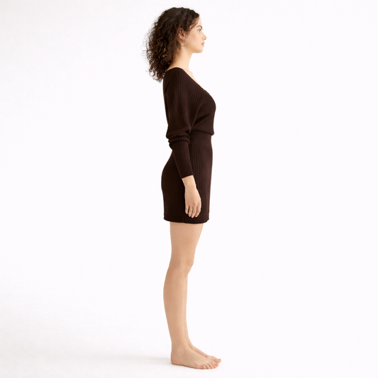 Dark Brown ribbed V-neck wrap dress with long sleeves