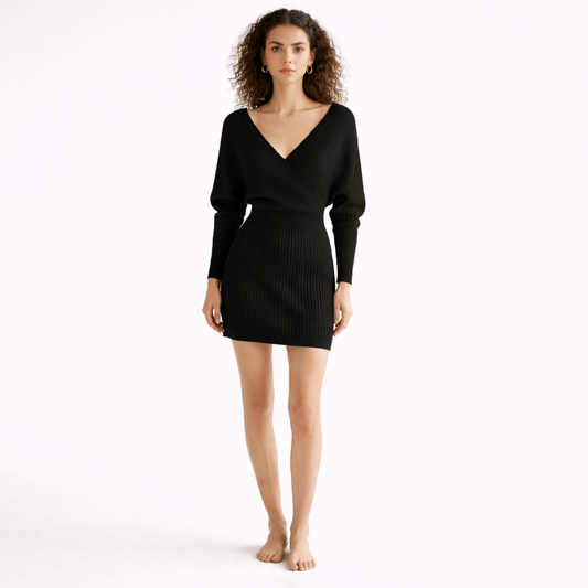Black ribbed V-neck wrap dress with long sleeves