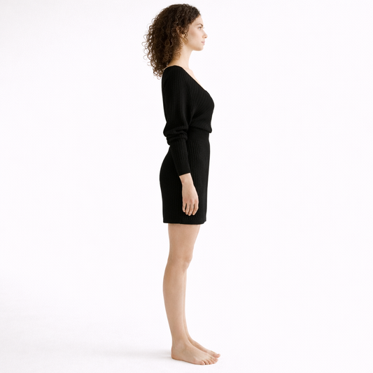 Black ribbed V-neck wrap dress with long sleeves