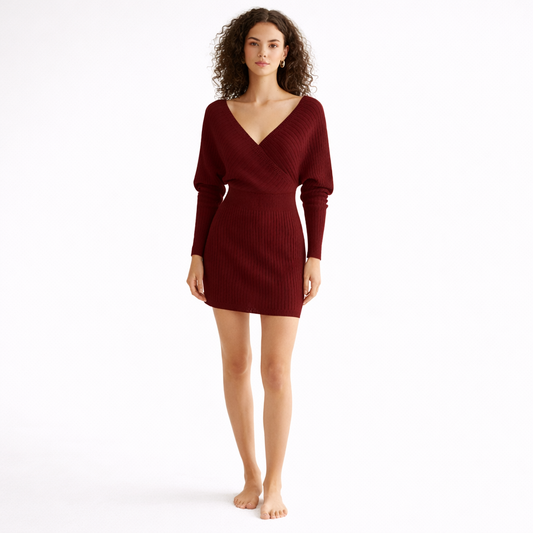 Bordeaux Red ribbed V-neck wrap dress with long sleeves
