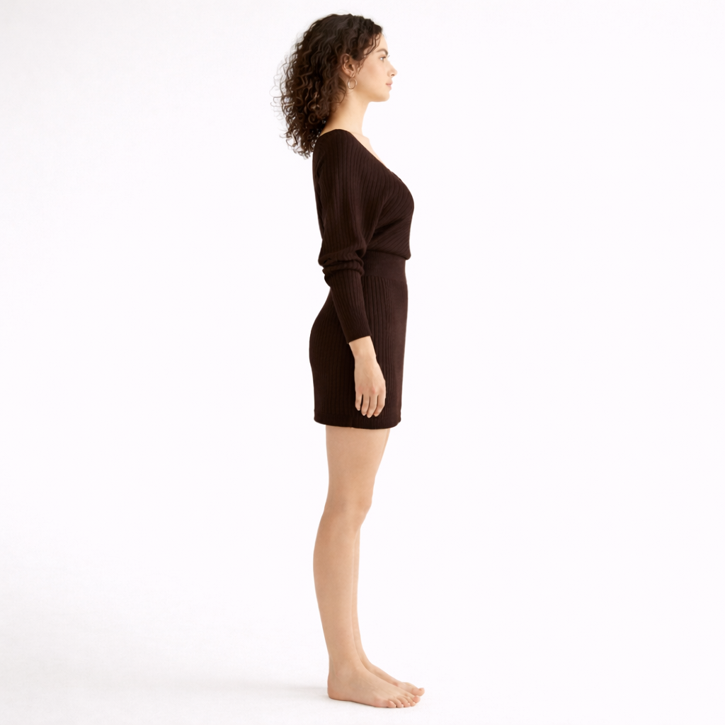 Dark Brown ribbed V-neck wrap dress with long sleeves