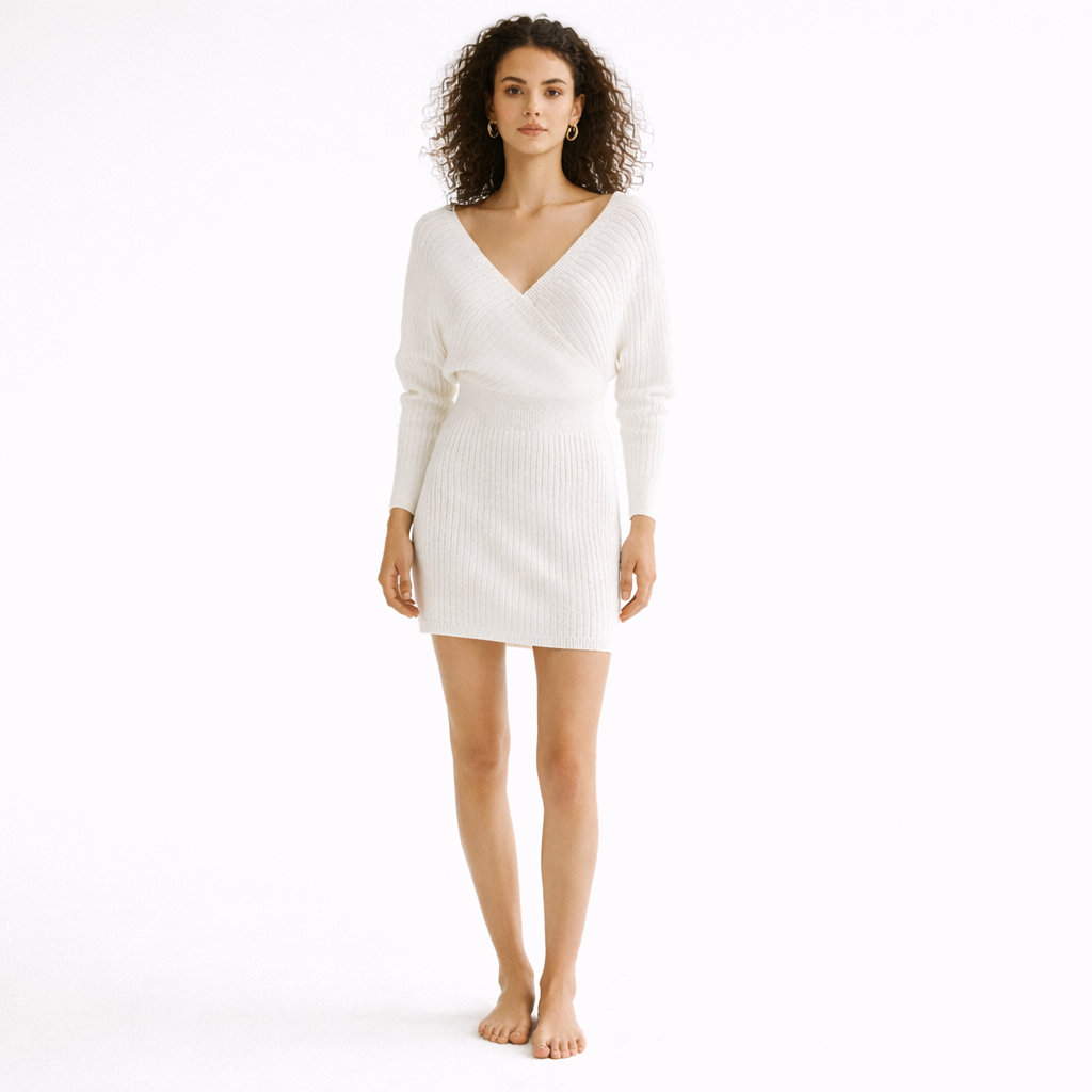 White ribbed V-neck wrap dress with long sleeves