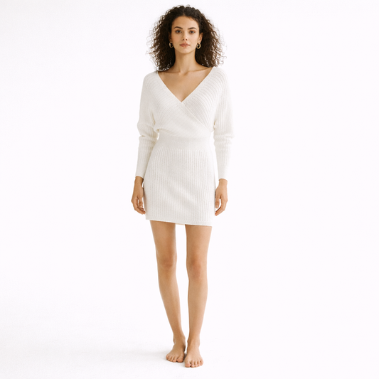 White ribbed V-neck wrap dress with long sleeves