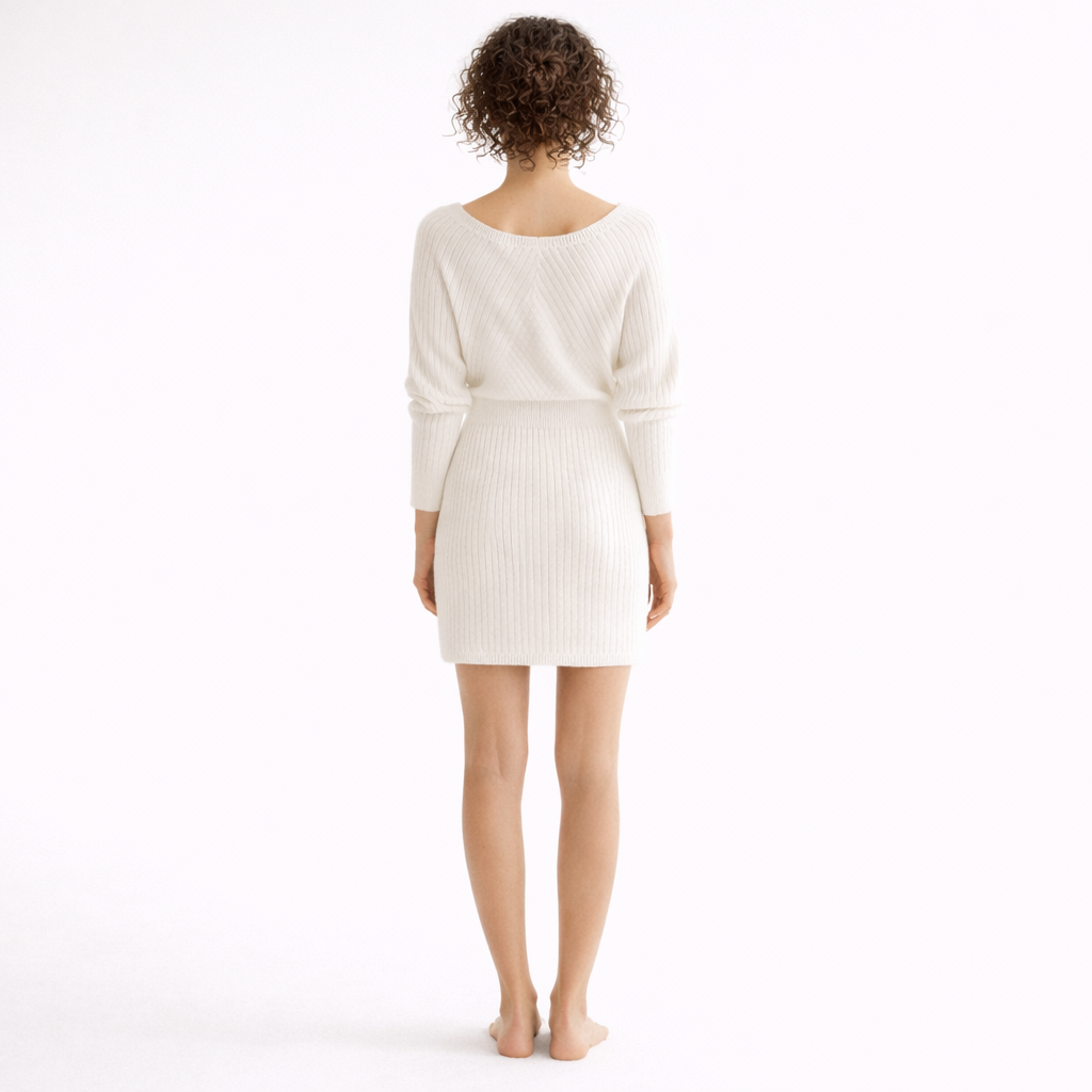 White ribbed V-neck wrap dress with long sleeves
